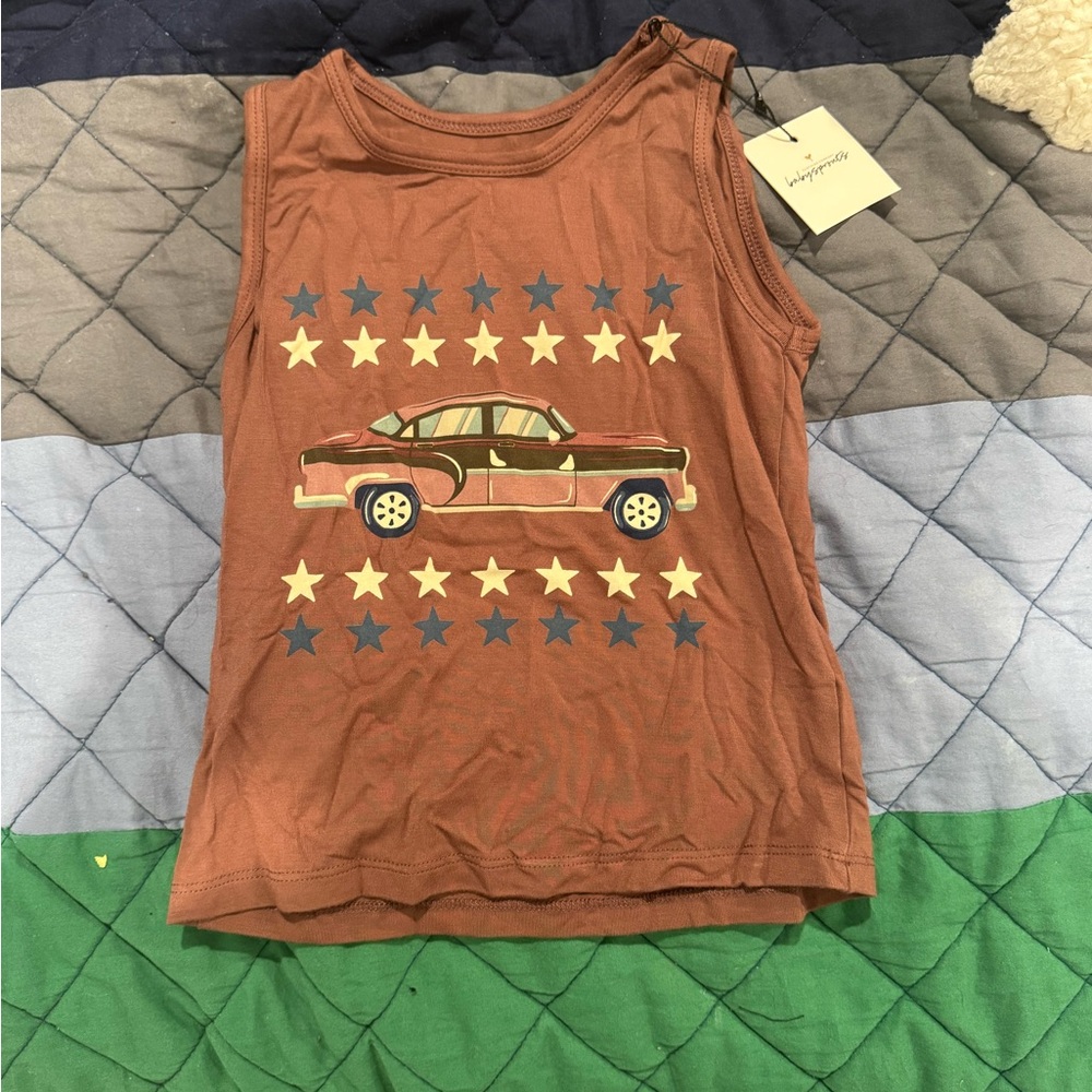 Kids Brown Tank Top with Car and Star Design
